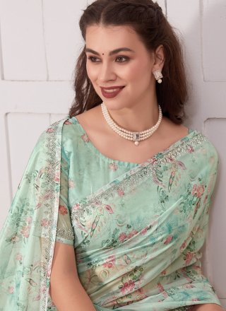 Imperial Sea Green Georgette Trendy Saree with Digital Print and Zircon Work