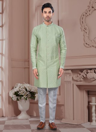 Imported Indo Western Sherwani with Buttons, Machine Embroidery, Stone and Thread Work