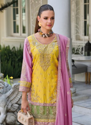 Imposing Yellow Chinon Salwar Suit with Embroidered Work