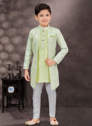 Impressive Sea Green Banarasi Silk Sherwani Kids Wear with Buttons and Thread Work