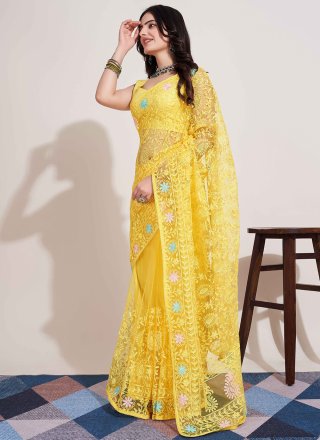 Impressive Yellow Net Classic Saree with Embroidered Work