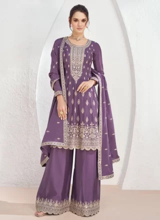 Incredible Purple Chinon Trendy Suit with Embroidered Work