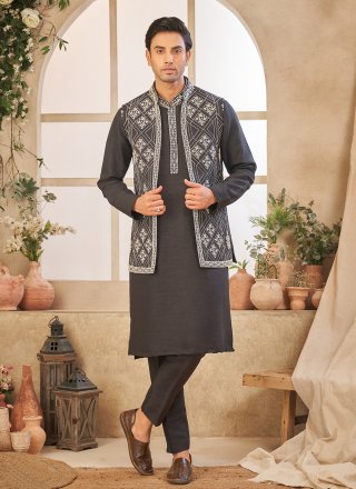 Innovative Black Art Silk Kurta Payjama with Jacket with Embroidered Work