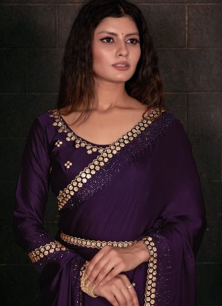 Innovative Purple Georgette Satin Classic Saree with Patch Border and Zircon Work