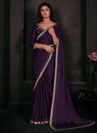 Innovative Purple Georgette Satin Classic Saree with Patch Border and Zircon Work