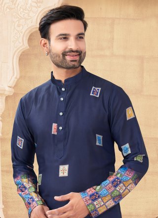 Intricate Blue Silk Kurta Pyjama with Digital Print Work