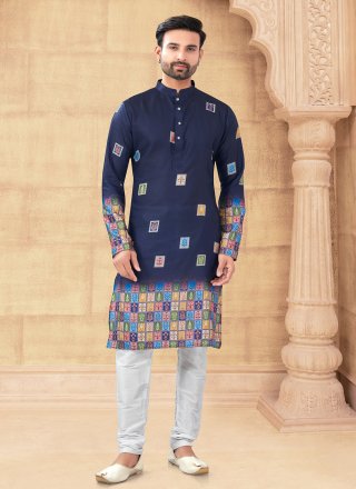 Intricate Blue Silk Kurta Pyjama with Digital Print Work