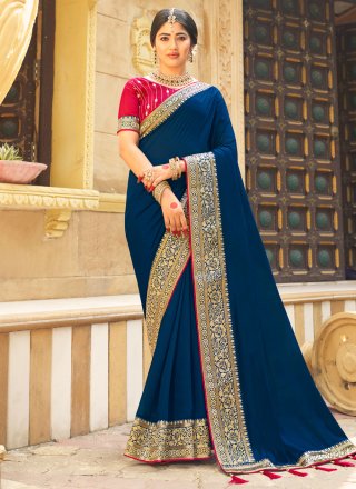 Intricate Blue Vichitra Silk Trendy Saree with Embroidered Work