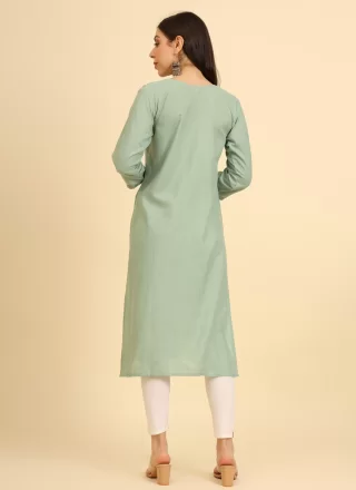 Intricate Green Cotton Casual Kurti with Chikankari, Embroidered and Lucknowi Work Work