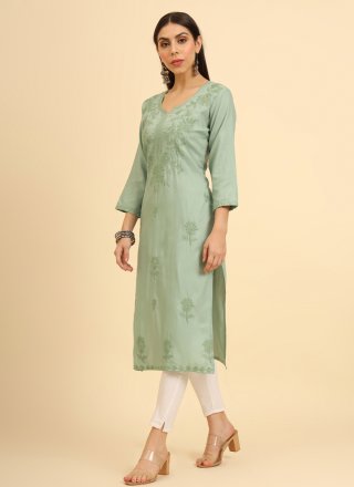 Intricate Green Cotton Casual Kurti with Chikankari, Embroidered and Lucknowi Work Work