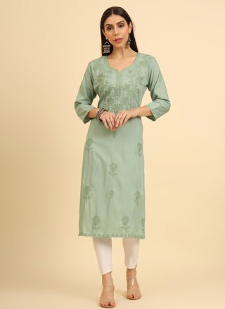 Intricate Green Cotton Casual Kurti with Chikankari, Embroidered and Lucknowi Work Work
