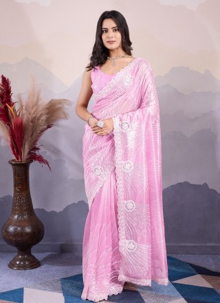 Intricate Pink Net Classic Saree