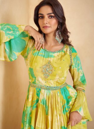 Intricate Yellow Chinon Designer Gown with Digital Print, Embroidered and Sequins Work