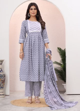 Intriguing Grey Cotton Readymade Salwar Suit