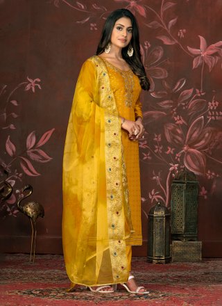 Intriguing Mustard Organza Pant Style Suit