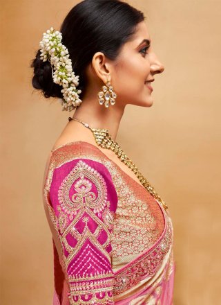 Intriguing Pink Organza Trendy Saree with Patch Border and Weaving Work