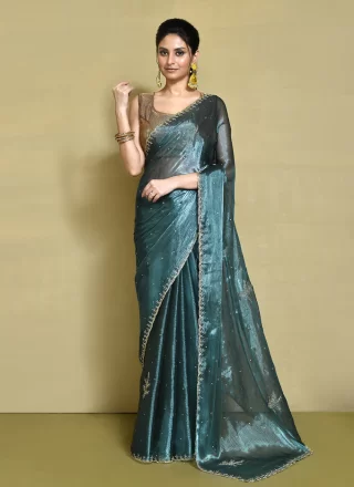 Intrinsic Blue JIMMY CHU Traditional Saree with Hand Work