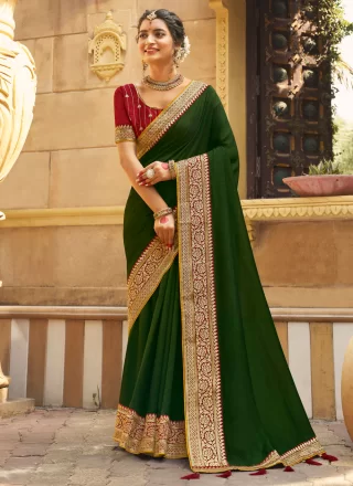 Intrinsic Green Vichitra Silk Contemporary Sari with Embroidered Work