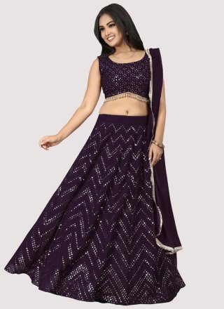 Intrinsic Wine Faux Georgette Lehenga Choli with Embroidered, Sequins and Thread Work