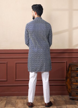 Invaluable Blue Silk Kurta Pyjama with Chikankari and Embroidered Work