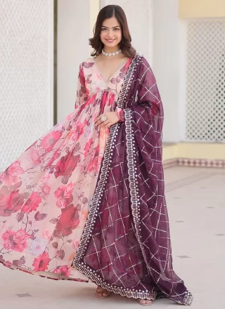 Invaluable Multi Colour Silk  Designer Gown with Digital Print Work