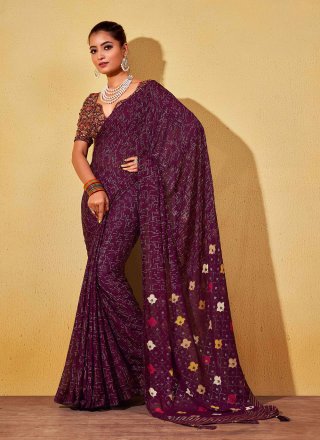 Invaluable Purple Georgette Classic Sari with Foil Print Work