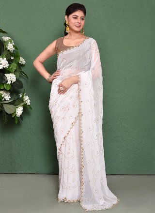 Invaluable White Georgette Classic Sari with Cut and Embroidered Work