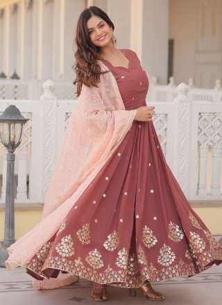 Invigorating Brown Faux Georgette Designer Gown with Embroidered, Sequins, Thread and Zari Work