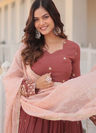 Invigorating Brown Faux Georgette Designer Gown with Embroidered, Sequins, Thread and Zari Work