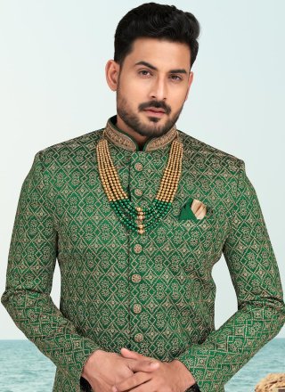 Invigorating Green Banarasi Silk Sherwani Mens Wear