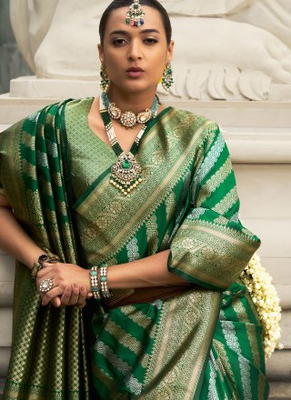 Jaal and Weaving Work Silk Trendy Saree In Green for Ceremonial