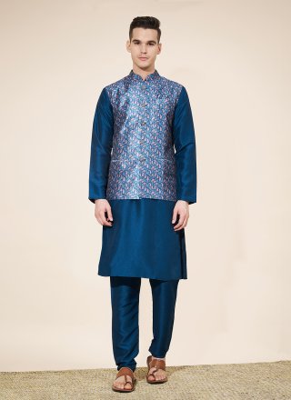 Jacquard and Plain Work Pure Silk Kurta Payjama with Jacket In Blue for Ceremonial