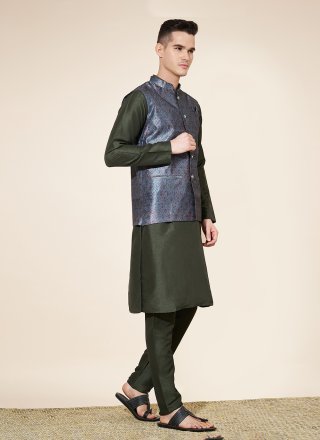 Jacquard and Plain Work Pure Silk Kurta Payjama with Jacket In Green