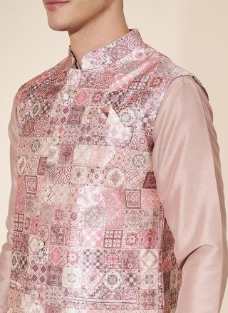Jacquard and Plain Work Pure Silk Kurta Payjama with Jacket In Pink for Ceremonial