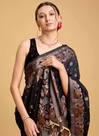 Jacquard and Weaving Work Silk Classic Sari In Black