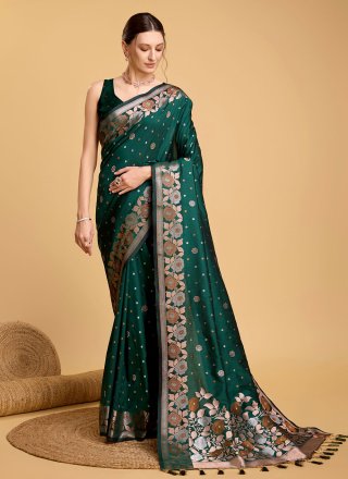 Jacquard and Weaving Work Silk Contemporary Saree In Green