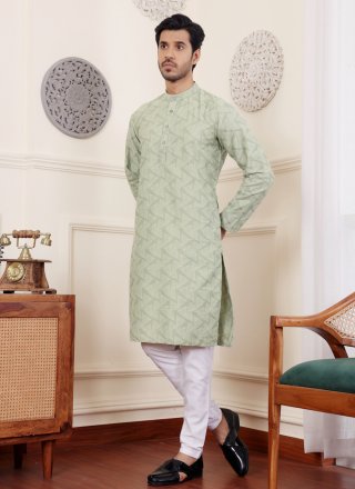 Jacquard and Woven Work Viscose Kurta Pyjama In Green for Casual
