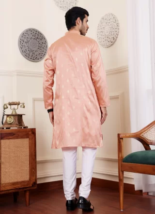 Jacquard and Woven Work Viscose Kurta Pyjama In Orange for Casual