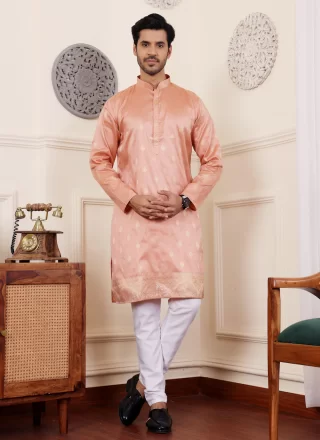 Jacquard and Woven Work Viscose Kurta Pyjama In Orange for Casual