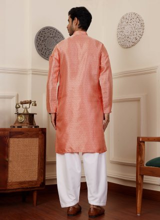 Jacquard and Woven Work Viscose Kurta Pyjama In Orange for Casual