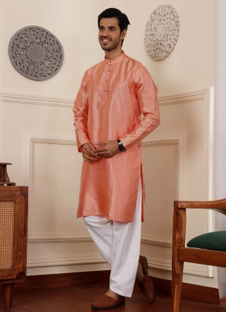 Jacquard and Woven Work Viscose Kurta Pyjama In Orange for Casual