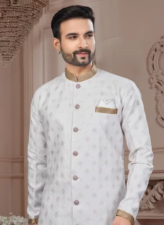 Jacquard Indo Western Sherwani In Cream and Purple