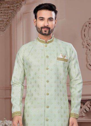 Jacquard Indo Western Sherwani with Buttons, Sequins, Thread and Zari Work