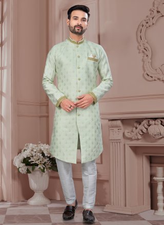 Jacquard Indo Western Sherwani with Buttons, Sequins, Thread and Zari Work
