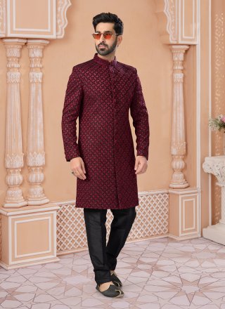 Jacquard Indo Western Sherwani with Embroidered, Sequins and Thread Work