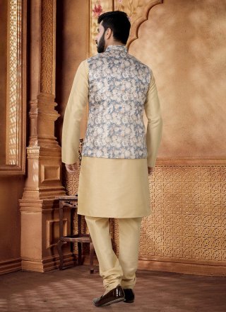 Jacquard Kurta Payjama with Jacket In Blue and Gold