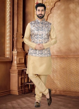 Jacquard Kurta Payjama with Jacket In Blue and Gold