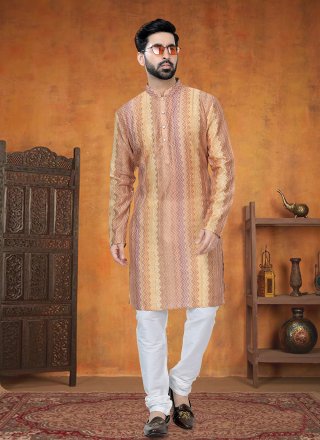 Jacquard Kurta Pyjama In Orange and Yellow