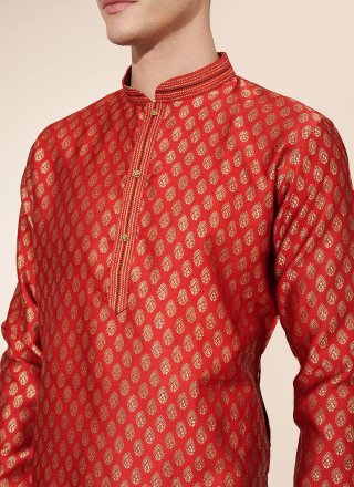 Jacquard Kurta Pyjama In Red