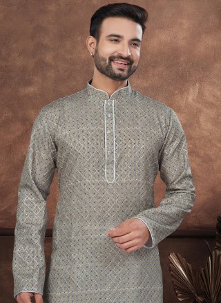 Jacquard Kurta Pyjama with Digital Print and Embroidered Work